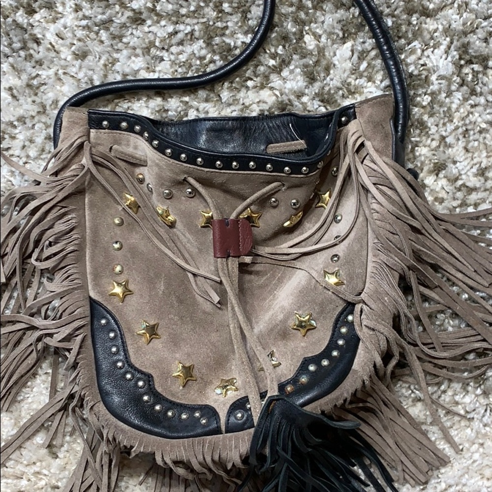 Jasmine Chenab leather-suede bag fringe and studs